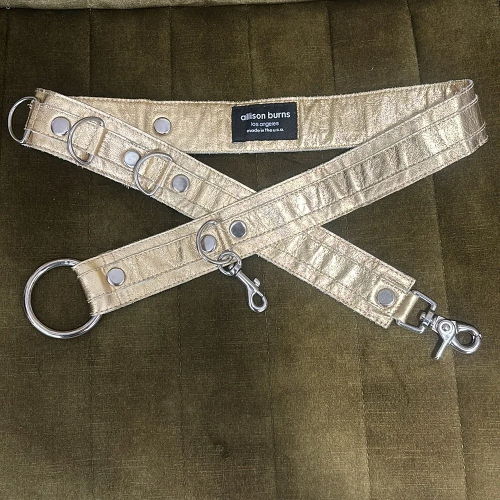 Allison Burns gold metallic adjustable d ring belt with swivel hook clasp